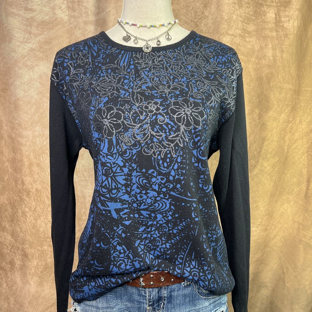 Floral Glitter Long Sleeve Shirt Rocaille Vintage 90s Two Tone Ombre Grunge Y2K